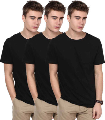 

Purple Square Solid Men's Round Neck Black T-Shirt(Pack of 3)