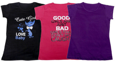 

IndiWeaves Girls Printed, Solid T Shirt(Multicolor, Black & pink & purple