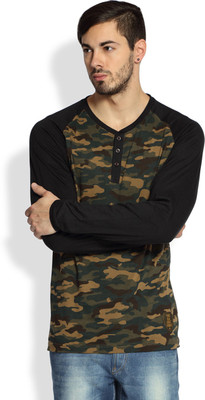 

DIFFERENCE OF OPINION Military Camouflage Men's Henley Green T-Shirt