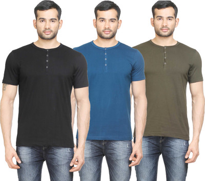 

Poshuis Solid Men' Henley Black, Blue, Dark Green T-Shirt(Pack of 3, Black;military green;petrol blue