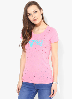 

Only Printed Women' Round Neck Pink T-Shirt, Neon pink