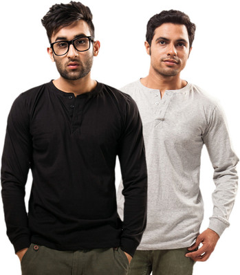 

Unisopent Designs Solid Men's Henley Black, Grey T-Shirt(Pack of 2