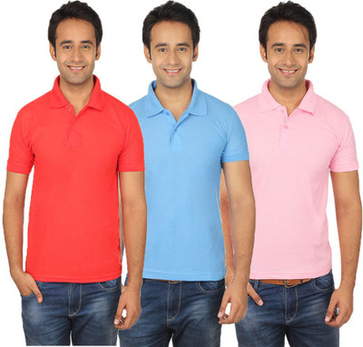 

Quetzal Solid Men's Polo Neck Multicolor T-Shirt(Pack of 3, Pink;red;sky blue