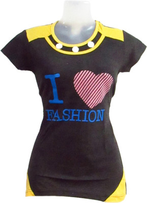

Revinfashions Printed Women's Round Neck Black T-Shirt, Black with yellow
