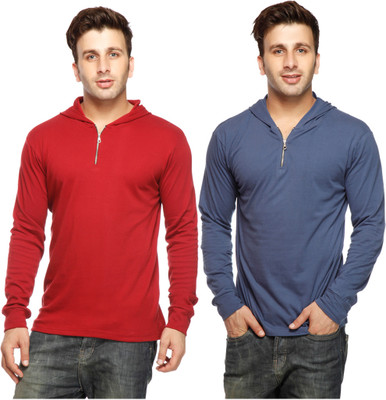 

Gritstones Solid Men' Hooded Multicolor T-Shirt(Pack of 2, Maroon;new blue