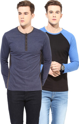 

Yellow Submarine Solid Men's Round Neck Light Blue, Black T-Shirt(Pack of 2)