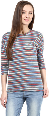 

Hypernation Striped Women' Round Neck Blue, Grey, Red T-Shirt, Multicolor