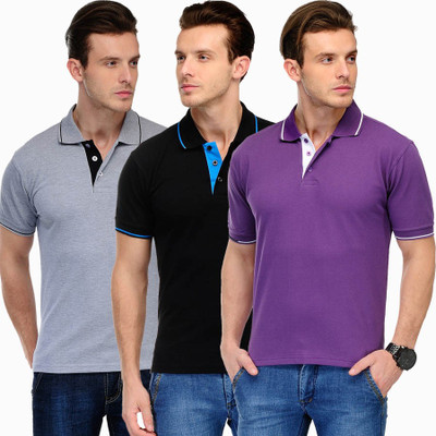 

Scott International Solid Men's Polo Neck Grey, Black, Blue, Purple T-Shirt(Pack of 3), Grey and black and blue and purple