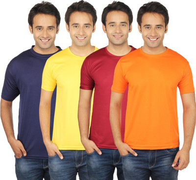 

Quetzal Solid Men's Round Neck Orange, Maroon, Yellow, Blue T-Shirt(Pack of 4, Blue;maroon;orange;yellow