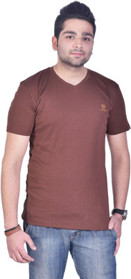 Colors & Blends Solid Men's V-neck Brown T-Shirt available at flipkart for Rs.225