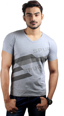 Spur Printed Men' V-neck Grey T-Shirt, Melange