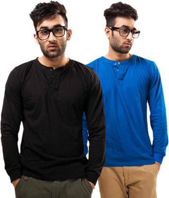 

Unisopent Designs Solid Men's Henley Black, Blue T-Shirt(Pack of 2