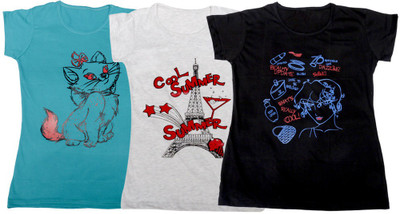 

IndiWeaves Girls Printed T Shirt(Multicolor, Blue & gray & black