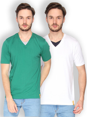 

Campus Sutra Solid Men V-neck Green, White T-Shirt(Pack of 2)