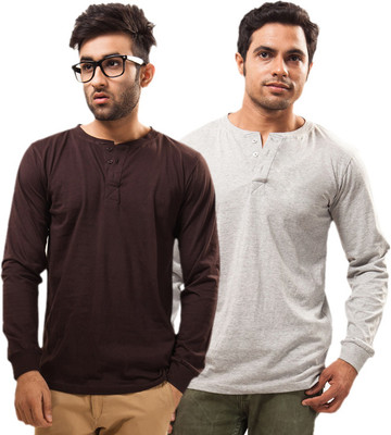 

Unisopent Designs Solid Men' Henley Brown, Grey T-Shirt(Pack of 2