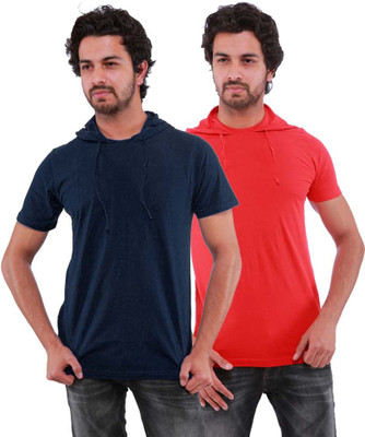

Purple Square Solid Men's Hooded Multicolor T-Shirt(Pack of 2, Blue;red