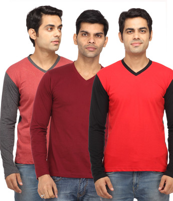 

Leana Solid Men's V-neck Red, Maroon, Red T-Shirt(Pack of 3