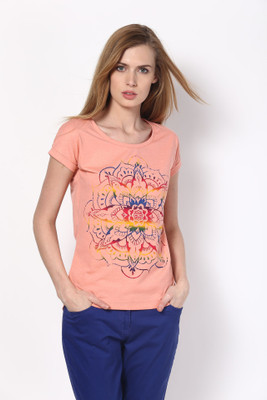 

Ajile by Pantaloons Graphic Print Women's Round Neck Orange T-Shirt, Coral