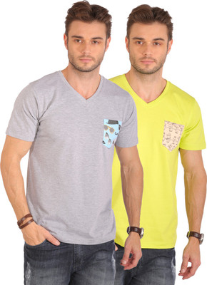 

Smugglerz Inc. Solid Men's V-neck Grey, Light Green T-Shirt(Pack of 2), Grey heather;lime