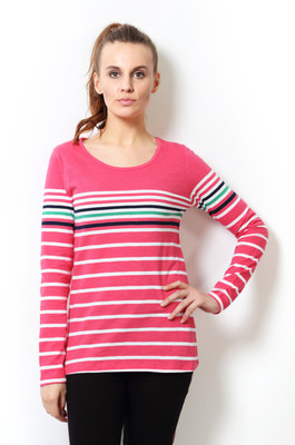 

Ajile by Pantaloons Striped Women's Round Neck Pink T-Shirt, Coral