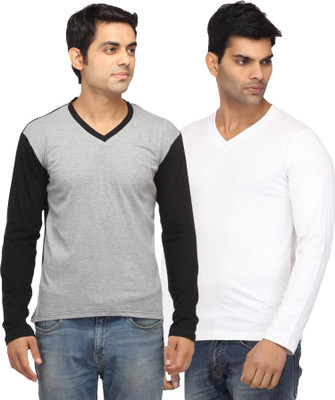 

Leana Solid Men's V-neck White, Grey T-Shirt(Pack of 2, Grey;white