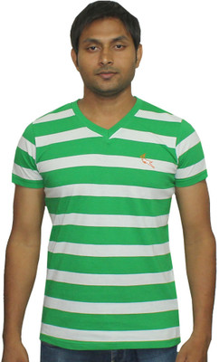 LUCfashion Striped Men V-neck Green, White T-Shirt LUCfashion Striped Men V-neck Green, White T-Shirt