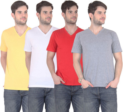 

E'Hiose Solid Men's V-neck Multicolor T-Shirt(Pack of 4, Grey;red;white;yellow