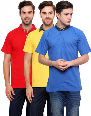 Lemon & Vodka Solid Men' Polo Neck Multicolor T-Shirt(Pack of 3