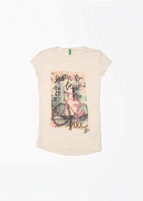 

United Colors of Benetton Girls Printed T Shirt(White, 74