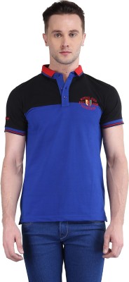 BRAVEZI Striped, Solid Men Polo Neck Dark Blue T-Shirt