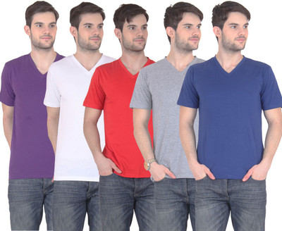 

FnMe Solid Men' V-neck Multicolor T-Shirt(Pack of 5, Blue;grey;purple;red;white