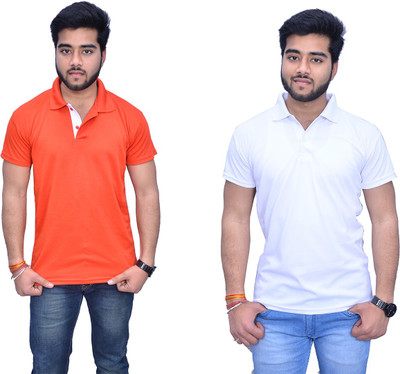 Himgiri Solid Men Polo Neck White, Orange T-Shirt(Pack of 2) Himgiri Solid Men Polo Neck White, Orange T-Shirt(Pack of 2)