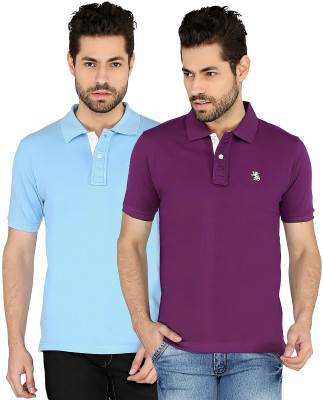 

The Cotton Company Solid Men's Polo Neck Purple, Blue T-Shirt(Pack of 2, Purple and skyblue