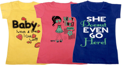 

IndiWeaves Girls Printed, Solid T Shirt(Multicolor, Yellow & pink & blue