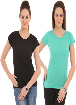 

Ultra Fit Solid Women's Round Neck Black, Blue T-Shirt(Pack of 2), Black;tourq