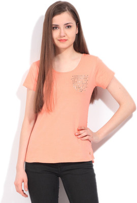 

Elle Solid Women's Round Neck Orange T-Shirt, Apricot blush