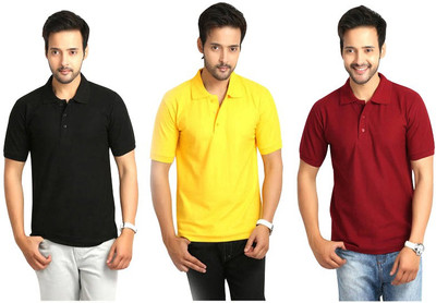 

Keepsake Solid Men's Polo Neck Multicolor T-Shirt(Pack of 3, Dark black