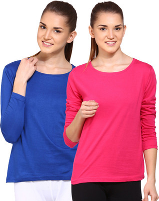 

Ap'pulse Solid Women's Round Neck Blue, Pink T-Shirt(Pack of 2), _rblu_dpnk