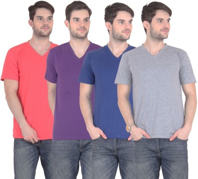 

FnMe Solid Men's V-neck Multicolor T-Shirt(Pack of 4, Blue;carrot;grey;purple