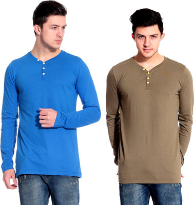 

Lemon & Vodka Solid Men's Henley Blue, Brown T-Shirt(Pack of 2