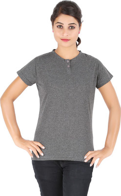 

Ap'pulse Solid Women' Henley Grey T-Shirt, Andhra melange