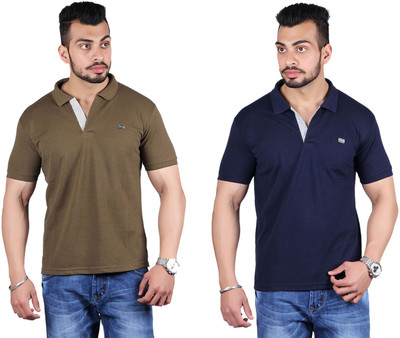 Shineway Solid Men's Polo Neck Dark Green, Dark Blue T-Shirt(Pack of 2, Dark blue;dark green
