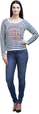 

MansiCollections Striped Women's Round Neck White, Blue T-Shirt, Stripe