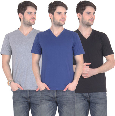 

FnMe Solid Men's V-neck Multicolor T-Shirt(Pack of 3, Black;blue;grey