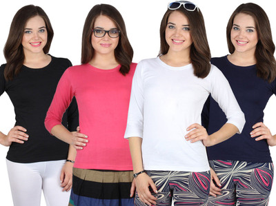 

SayItLoud Printed Women's Round Neck Multicolor T-Shirt(Pack of 4, Csw02black-pink-white-navy