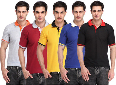

Lime Solid Men' Polo Neck Black, Blue, Yellow, Maroon, Grey T-Shirt(Pack of 5
