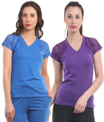 

Ultra Fit Solid Women's V-neck Purple, Blue T-Shirt(Pack of 2), Blue;purple