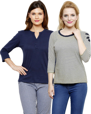 

LimeBerry Striped, Solid Women' Round Neck Grey, Dark Blue T-Shirt(Pack of 2, Dark blue;grey