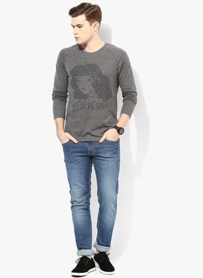 Jack & Jones Striped Men's Round Neck Grey T-Shirt, Grey melange