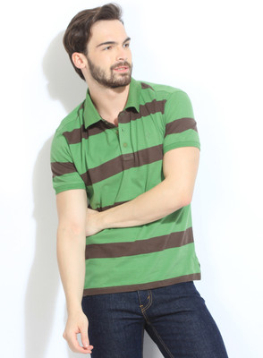 

John Players Striped Men's Polo Neck Green, Brown T-Shirt, 9a3